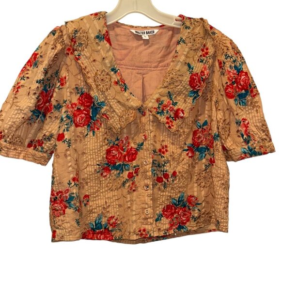 Walter Baker Fall colors red floral print broderie anglaise puff sleeve top L - Picture 1 of 5
